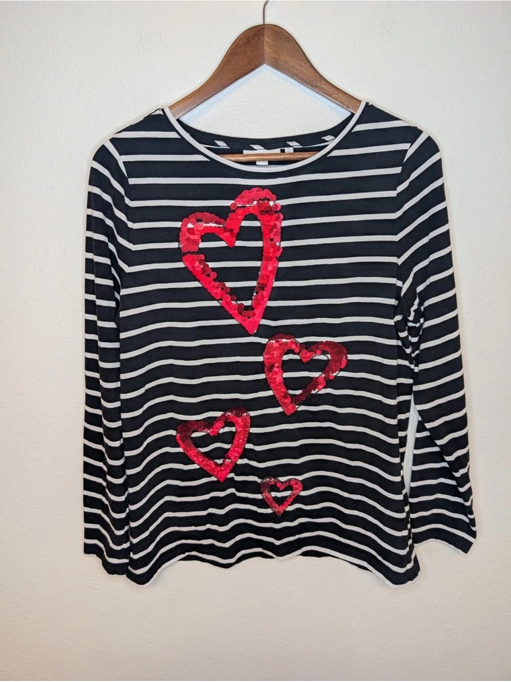 Chico's Black & White Striped Top with Red Sequin Hearts